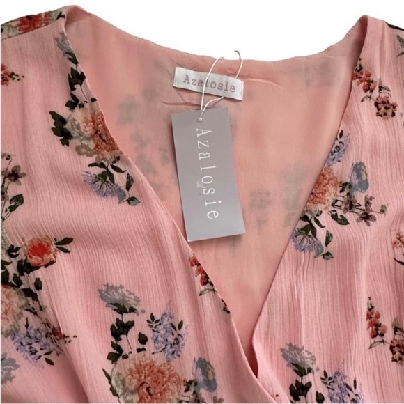 Azalosie Pink Peach Floral Shor Dress  SIZE M 
Sleeve Wrap High Low Maxi - Picture 5 of 10